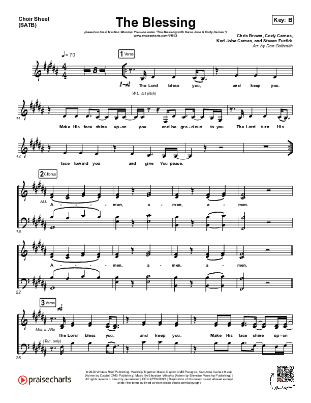 The Blessing (Live) Choir Sheet (SATB) (Elevation Worship / Kari Jobe / Cody Carnes)