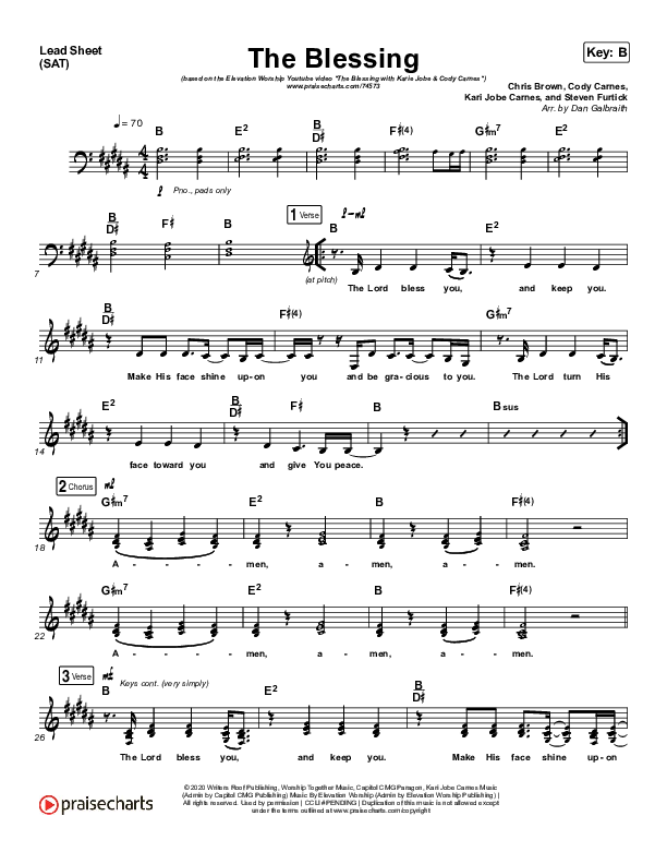 The Blessing (Live) Lead Sheet (SAT) (Elevation Worship / Kari Jobe / Cody Carnes)