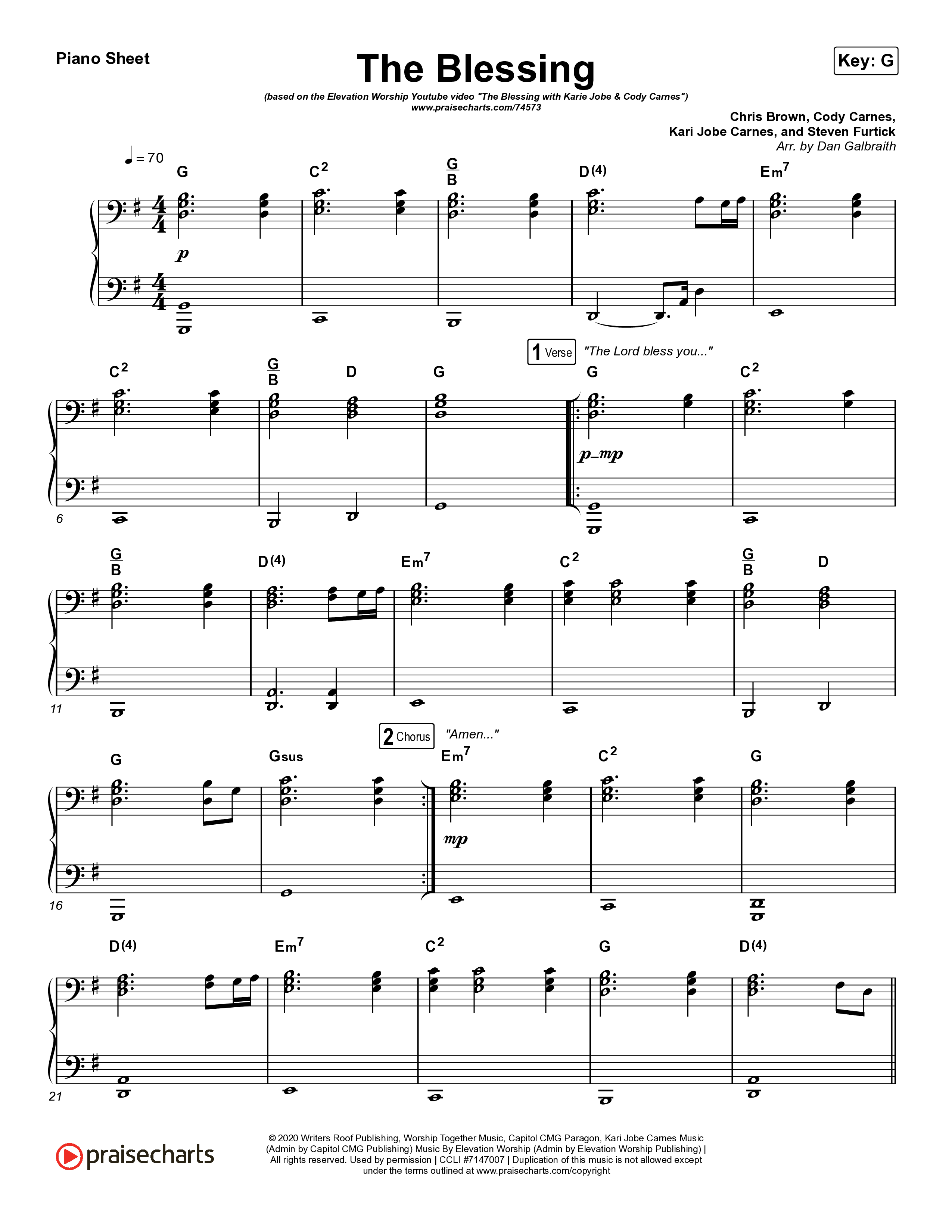 The Blessing (Live) Piano Sheet (Elevation Worship / Kari Jobe / Cody Carnes)