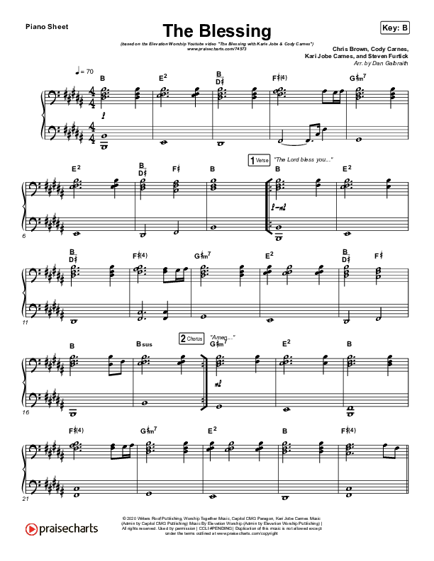 The Blessing (Live) Piano Sheet (Elevation Worship / Kari Jobe / Cody Carnes)