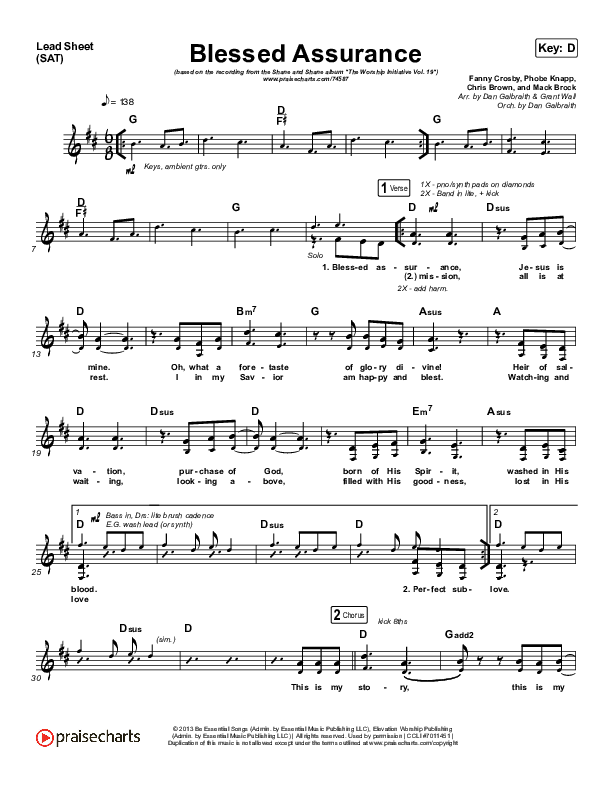 Blessed Assurance Lead Sheet (SAT) (Shane & Shane/The Worship Initiative)