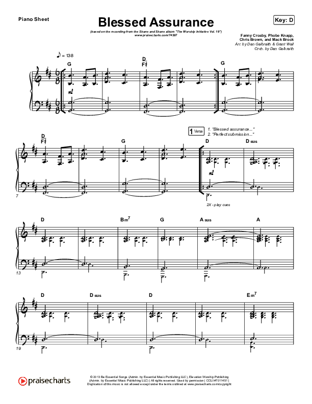 Blessed Assurance Piano Sheet (Shane & Shane/The Worship Initiative)