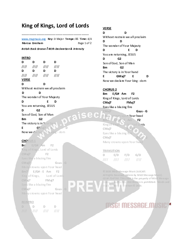 King Of Kings Lord Of Lords Chords & Lyrics (Marcus Gresham)