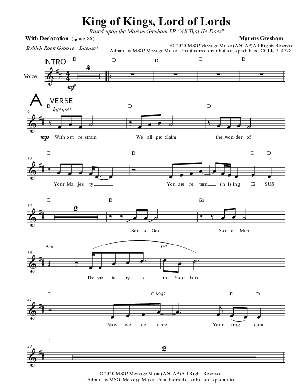 King Of Kings Lord Of Lords Lead Sheet (Marcus Gresham)