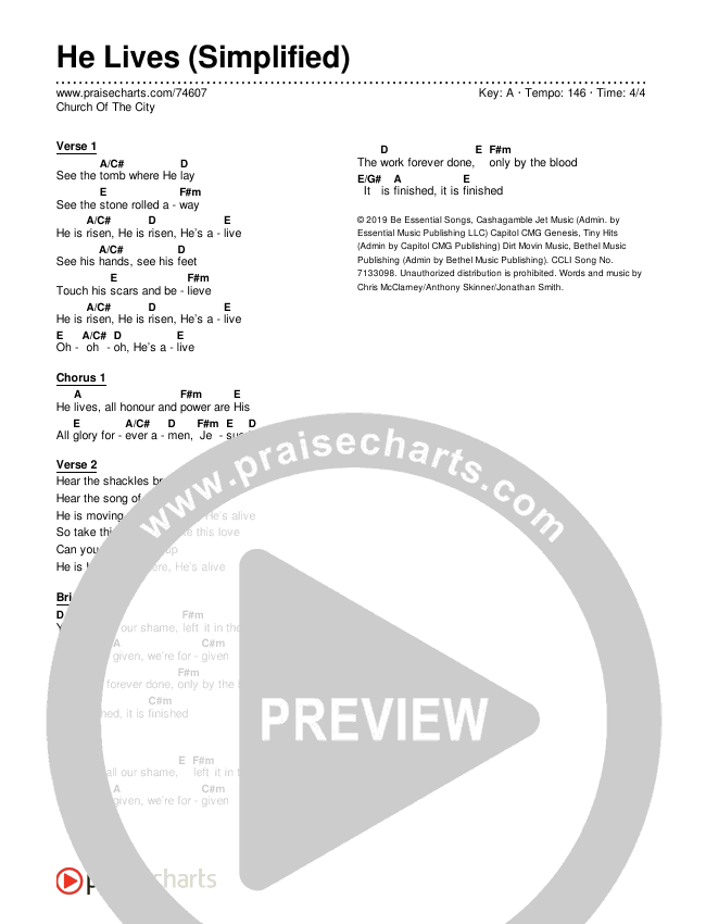 He Lives (Simplified) Chord Chart (Church Of The City)