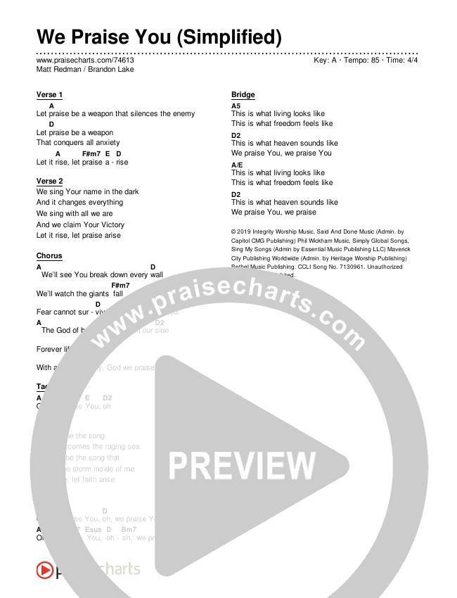 We Praise You (Simplified) Chord Chart (Matt Redman / Brandon Lake)