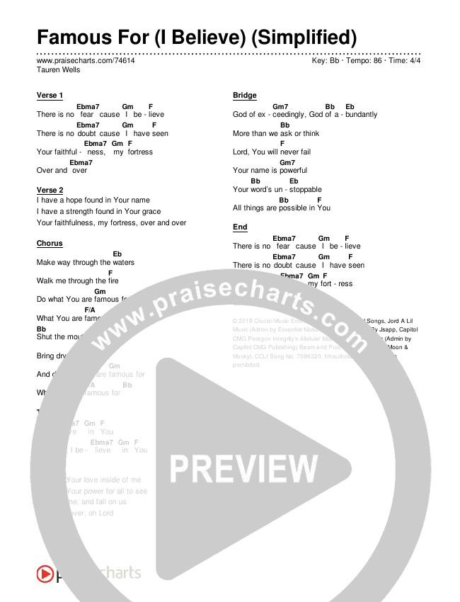 Famous For (I Believe) (Simplified) Chord Chart (Tauren Wells)