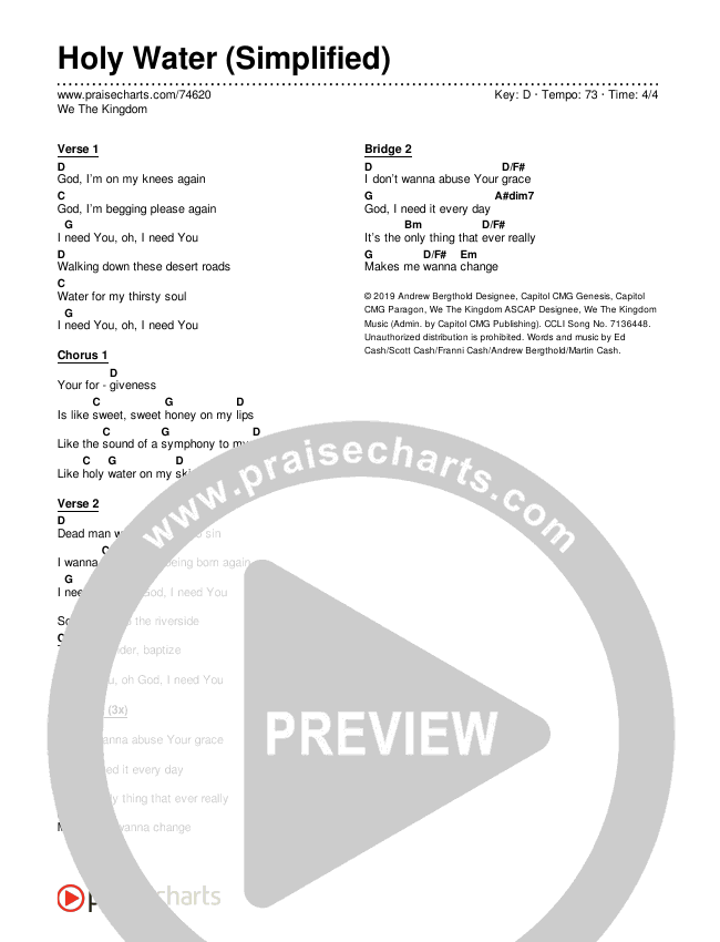 Holy Water (Simplified) Chord Chart (We The Kingdom)