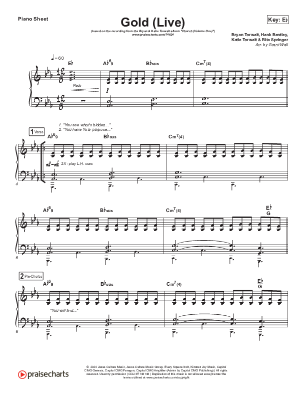 Gold (Live) Piano Sheet (Jesus Culture / Bryan & Katie Torwalt)