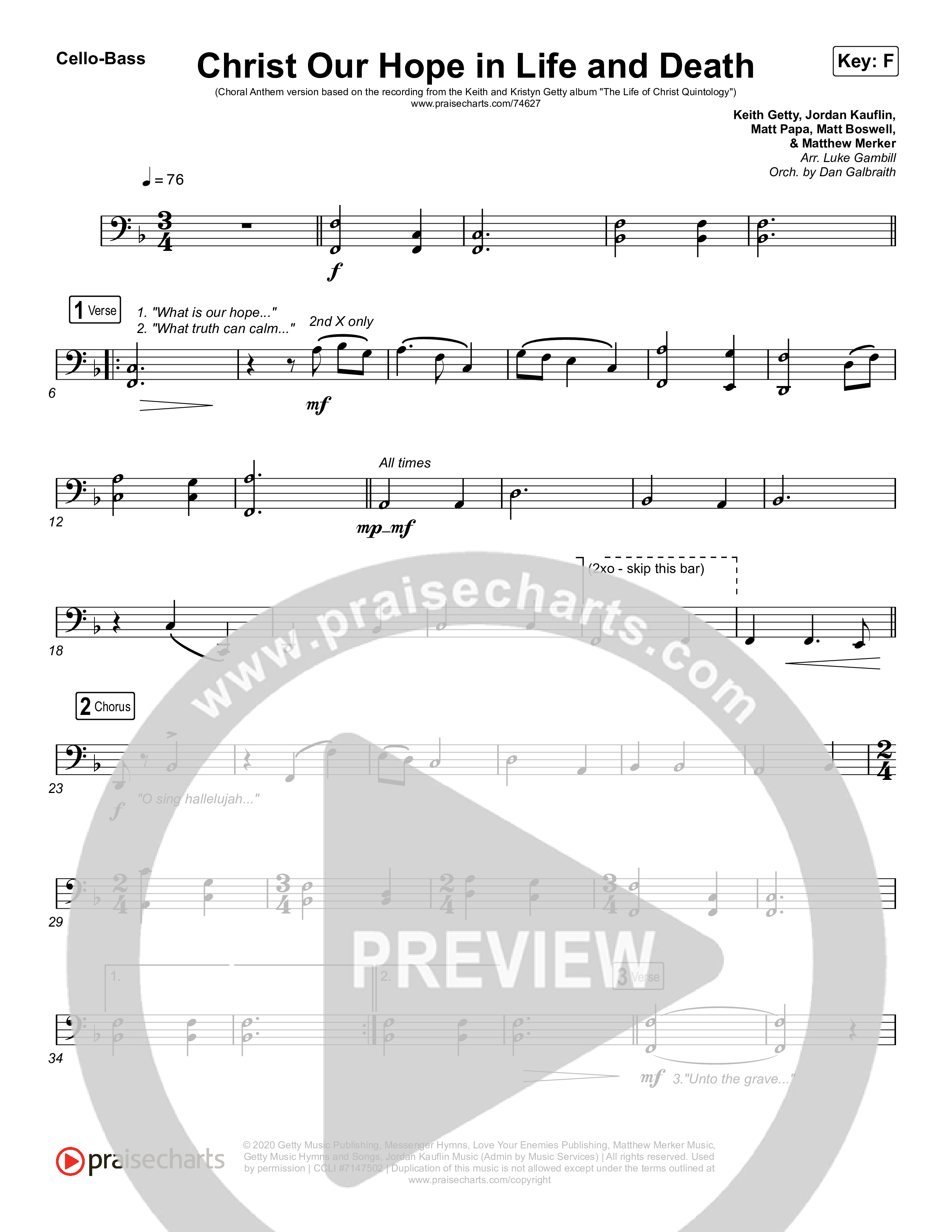 Christ Our Hope In Life And Death (Choral Anthem SATB) Cello/Bass (Matt Papa / Keith & Kristyn Getty / Arr. Luke Gambill)