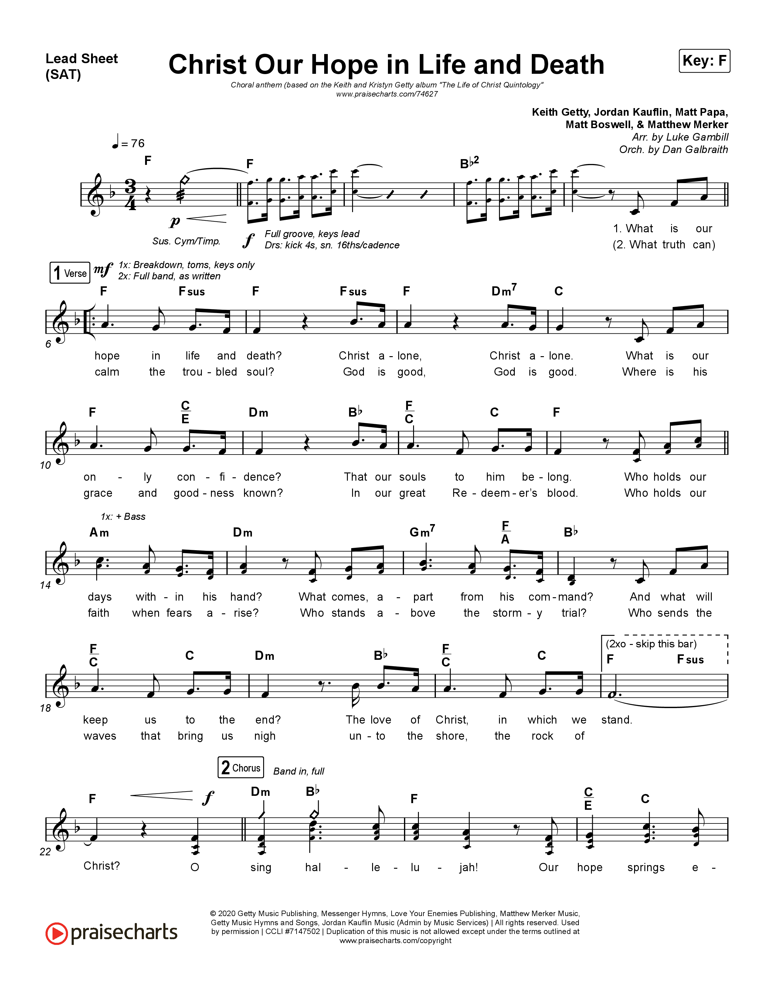 Christ Our Hope In Life And Death (Choral Anthem SATB) Lead Sheet (SAT) (Matt Papa / Keith & Kristyn Getty / Arr. Luke Gambill)