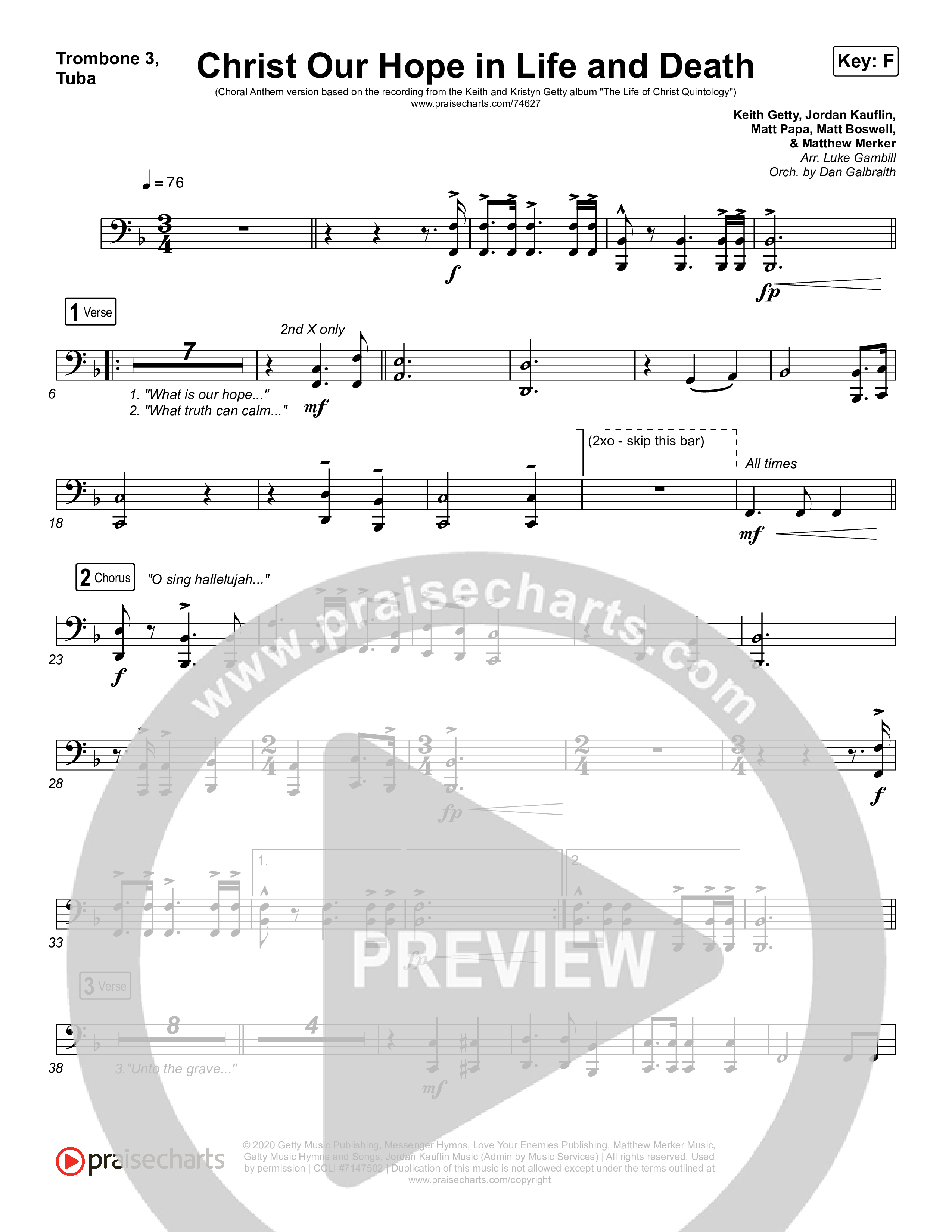Christ Our Hope In Life And Death (Choral Anthem SATB) Trombone 3/Tuba (Matt Papa / Keith & Kristyn Getty / Arr. Luke Gambill)