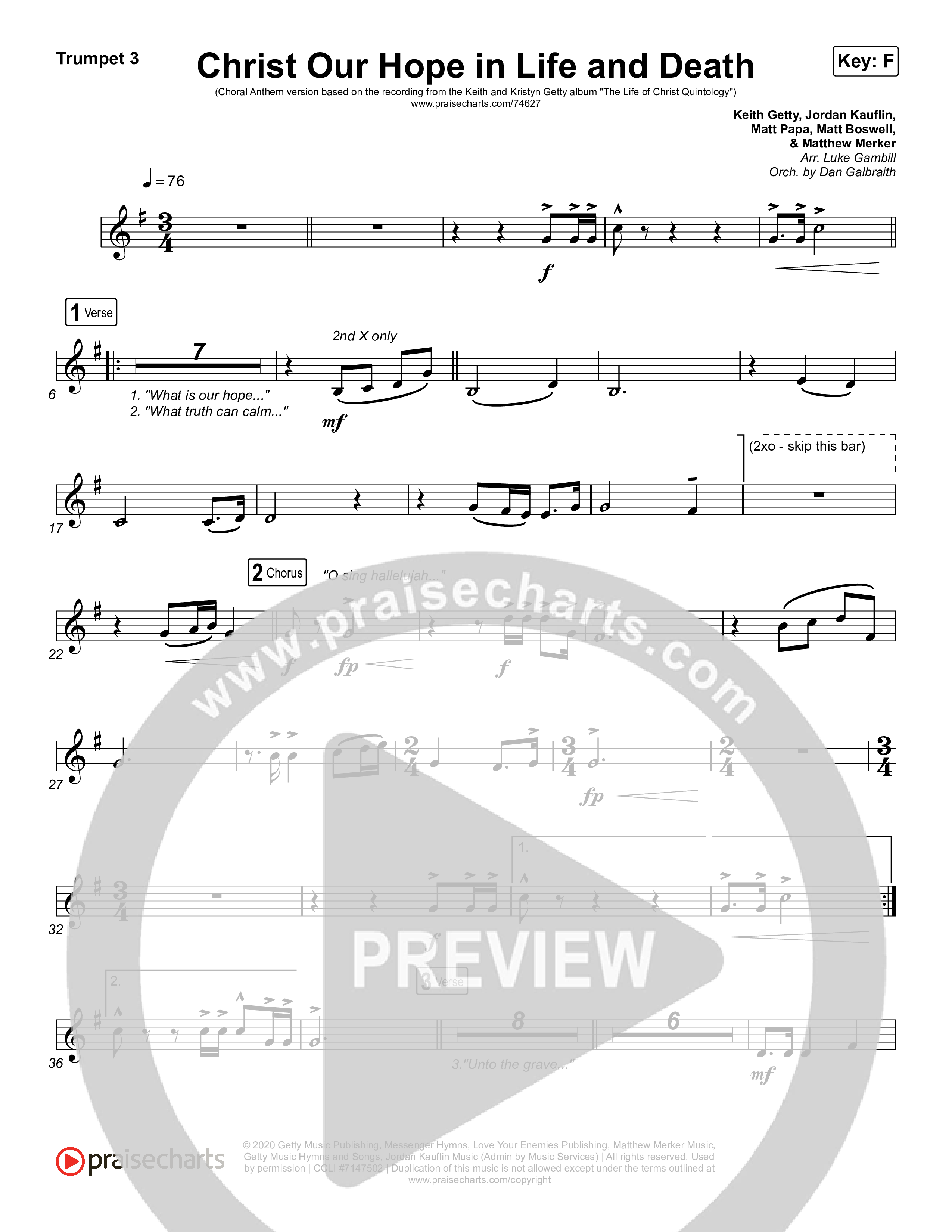 Christ Our Hope In Life And Death (Choral Anthem SATB) Trumpet 1,2 (Matt Papa / Keith & Kristyn Getty / Arr. Luke Gambill)