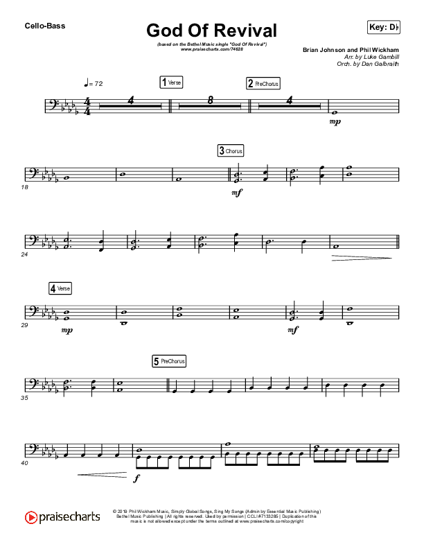 God Of Revival (Choral Anthem SATB) Cello/Bass (Bethel Music / Arr. Luke Gambill)