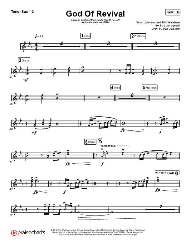 God Of Revival (Choral Anthem SATB) Tenor Sax 1/2 (Bethel Music / Arr. Luke Gambill)