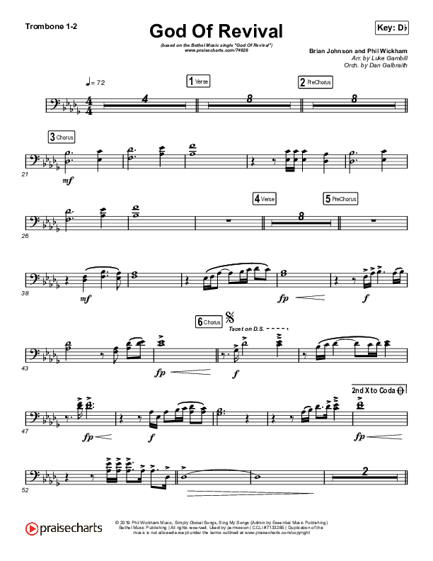 God Of Revival (Choral Anthem SATB) Trombone 1/2 (Bethel Music / Arr. Luke Gambill)