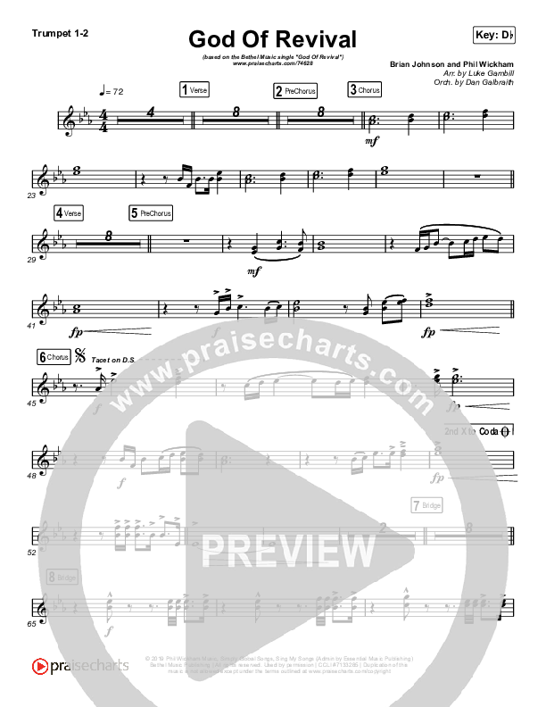 God Of Revival (Choral Anthem SATB) Trumpet 1,2 (Bethel Music / Arr. Luke Gambill)