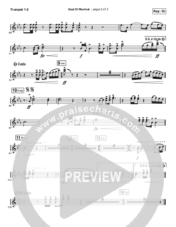 God Of Revival (Choral Anthem SATB) Trumpet 1,2 (Bethel Music / Arr. Luke Gambill)