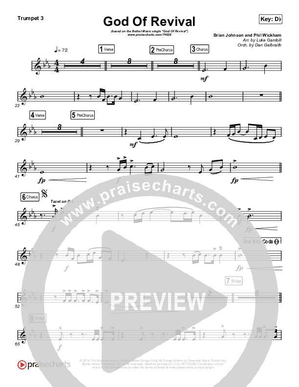 God Of Revival (Choral Anthem SATB) Trumpet 3 (Bethel Music / Arr. Luke Gambill)