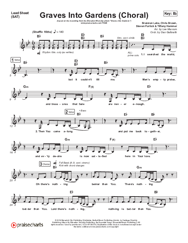 Graves Into Gardens (Choral Anthem SATB) Lead Sheet (SAT) (Elevation Worship / Brandon Lake / Arr. Luke Gambill)
