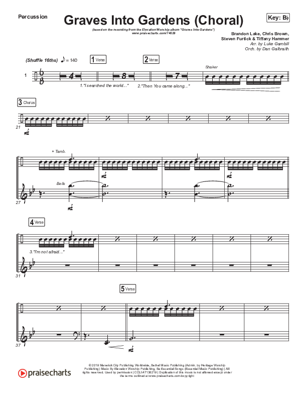 Graves Into Gardens (Choral Anthem SATB) Percussion (Elevation Worship / Brandon Lake / Arr. Luke Gambill)