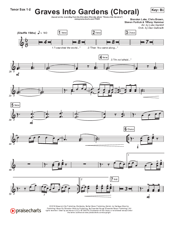Graves Into Gardens (Choral Anthem SATB) Tenor Sax 1,2 (Elevation Worship / Brandon Lake / Arr. Luke Gambill)