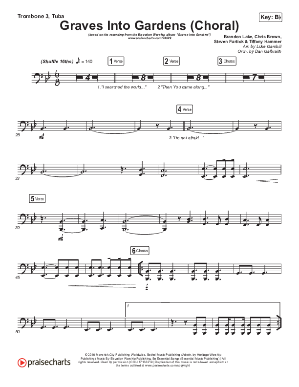 Graves Into Gardens (Choral Anthem SATB) Trombone 3/Tuba (Elevation Worship / Brandon Lake / Arr. Luke Gambill)