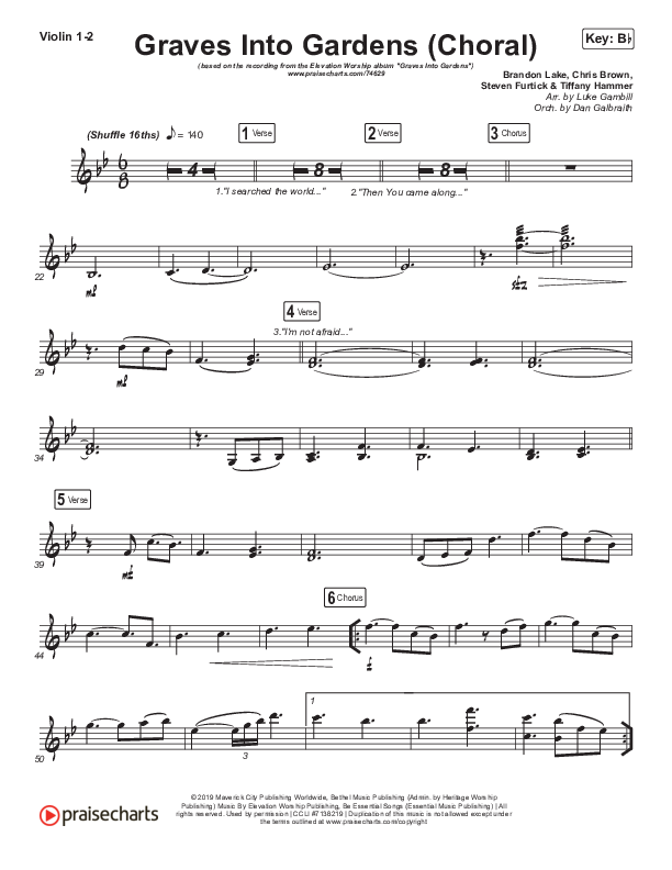Graves Into Gardens (Choral Anthem SATB) Violin 1,2 (Elevation Worship / Brandon Lake / Arr. Luke Gambill)