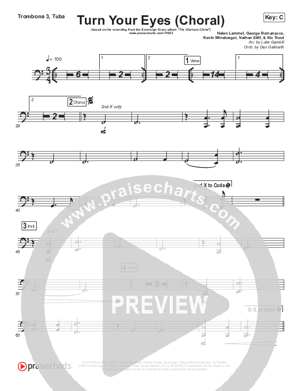 Turn Your Eyes (Choral Anthem SATB) Trombone 3/Tuba (Sovereign Grace / Arr. Luke Gambill)