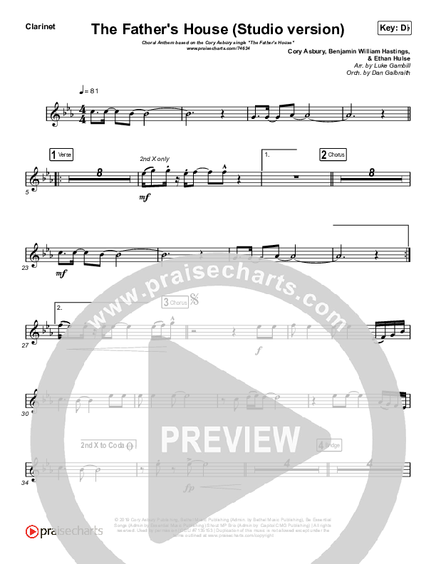 The Father's House (Choral Anthem SATB) Clarinet (Cory Asbury / Arr. Luke Gambill)
