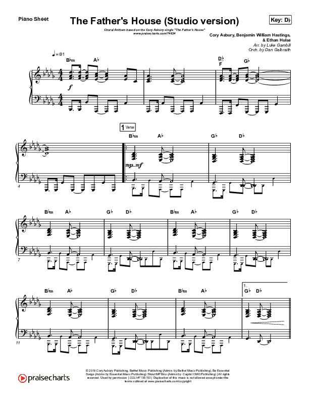 The Father's House (Choral Anthem SATB) Piano Sheet (Cory Asbury / Arr. Luke Gambill)