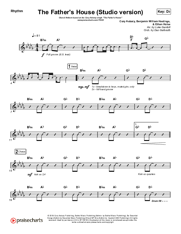 The Father's House (Choral Anthem SATB) Rhythm Chart (Cory Asbury / Arr. Luke Gambill)