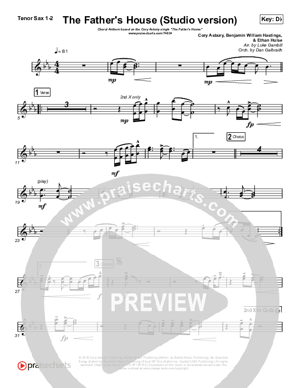 The Father's House (Choral Anthem SATB) Tenor Sax 1/2 (Cory Asbury / Arr. Luke Gambill)