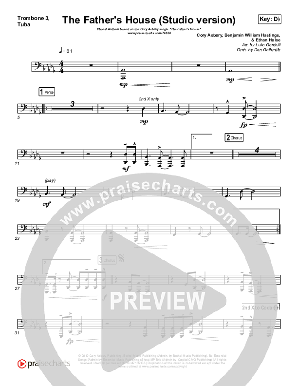 The Father's House (Choral Anthem SATB) Trombone 3/Tuba (Cory Asbury / Arr. Luke Gambill)