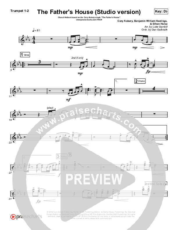 The Father's House (Choral Anthem SATB) Trumpet 1,2 (Cory Asbury / Arr. Luke Gambill)