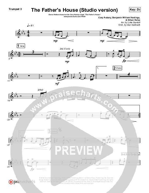 The Father's House (Choral Anthem SATB) Trumpet 3 (Cory Asbury / Arr. Luke Gambill)
