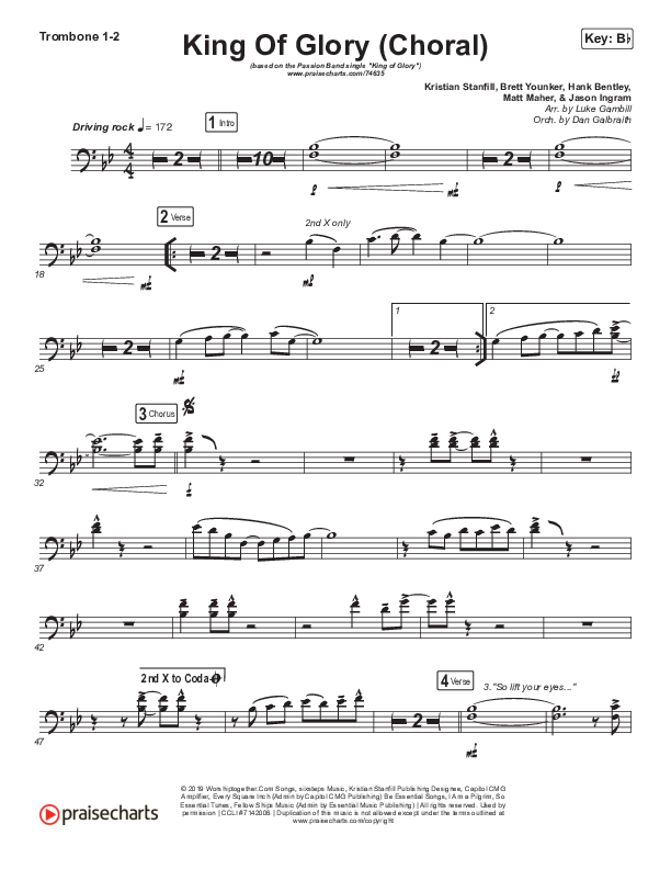 King Of Glory (Choral Anthem SATB) Trombone 1/2 (Passion / Arr. Luke Gambill)