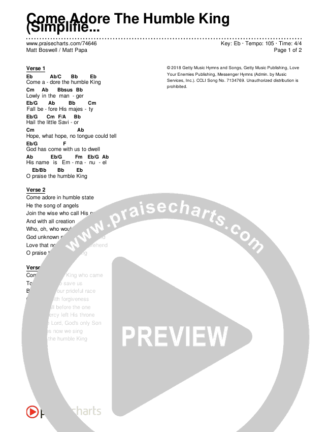 Come Adore The Humble King (Simplified) Chord Chart (Matt Boswell / Matt Papa)