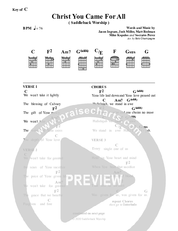 Christ You Came For All Chord Chart (Saddleback Worship)