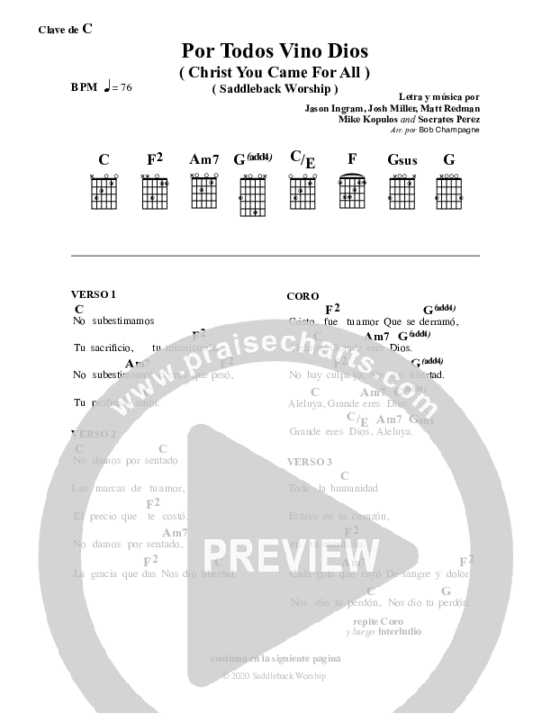 Por Todos Vino Dios (Christ You Came For All) Chord Chart (Saddleback Worship)