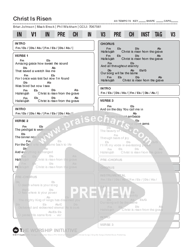 Christ Is Risen Chord Chart (Shane & Shane/The Worship Initiative)