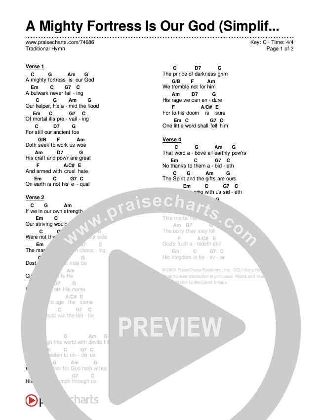 A Mighty Fortress Is Our God (Simplified) Chord Chart (Traditional Hymn)