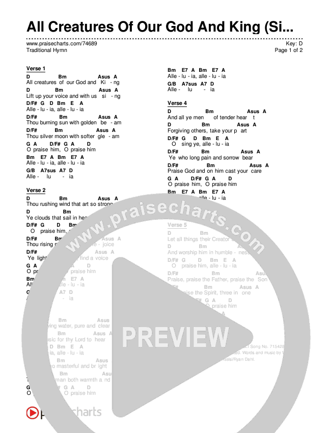 All Creatures Of Our God And King (Simplified) Chord Chart (Traditional Hymn)