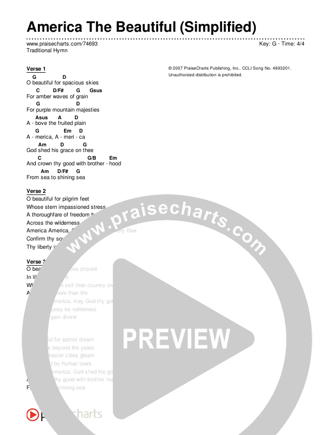 America The Beautiful (Simplified) Chord Chart (Traditional Hymn)