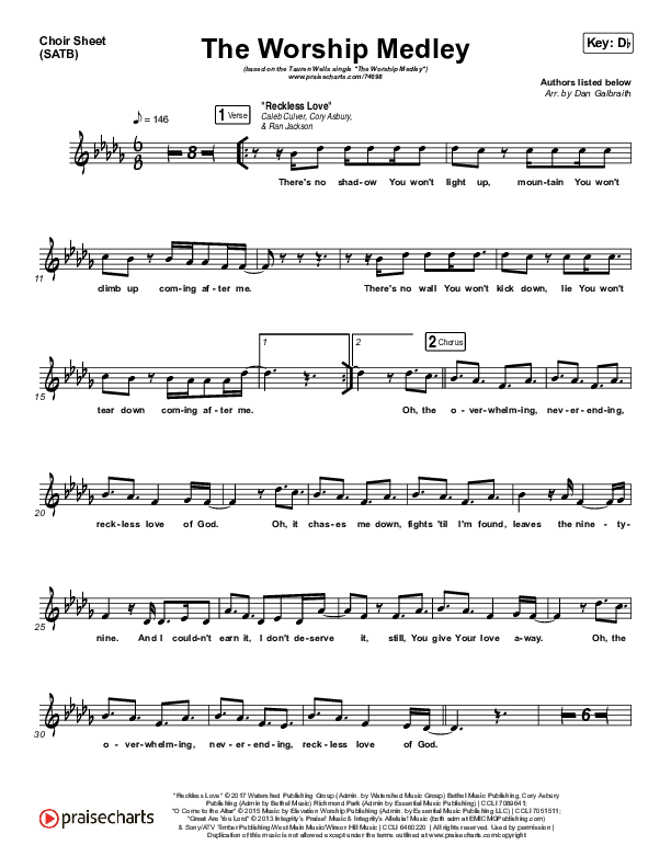 The Worship Medley (Reckless Love / O Come To The Altar / Great Are You Lord) Choir Sheet (SATB) (Tauren Wells)