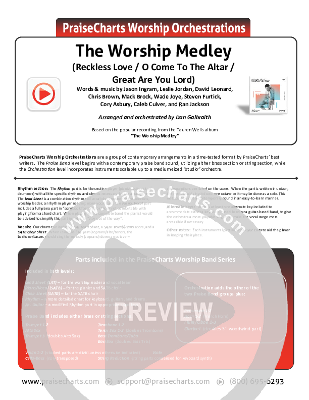 The Worship Medley (Reckless Love / O Come To The Altar / Great Are You Lord) Cover Sheet (Tauren Wells)