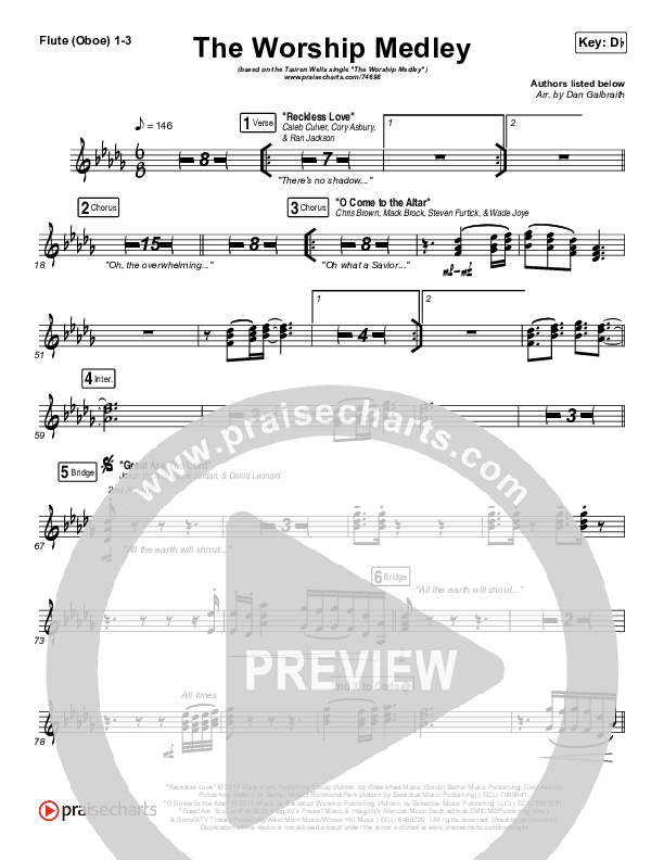 The Worship Medley (Reckless Love / O Come To The Altar / Great Are You Lord) Flute/Oboe 1/2/3 (Tauren Wells)