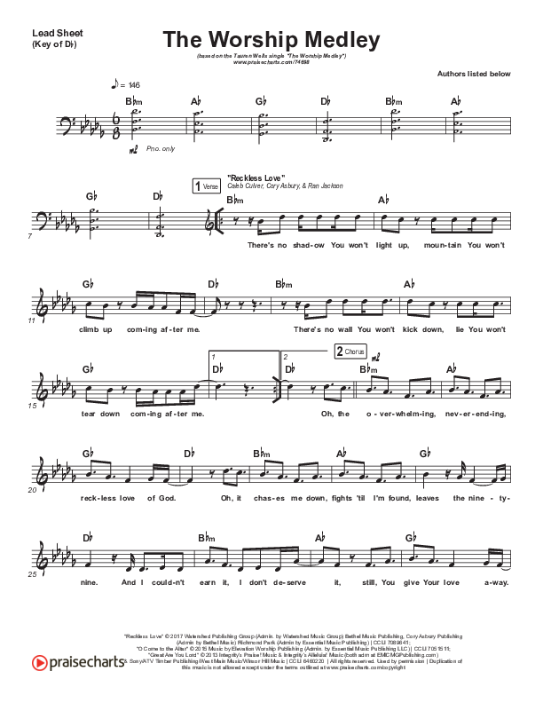 The Worship Medley (Reckless Love / O Come To The Altar / Great Are You Lord) Lead Sheet (Melody) (Tauren Wells)