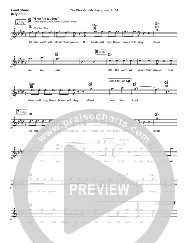 The Worship Medley (Reckless Love / O Come To The Altar / Great Are You Lord) Lead Sheet (Melody) (Tauren Wells)