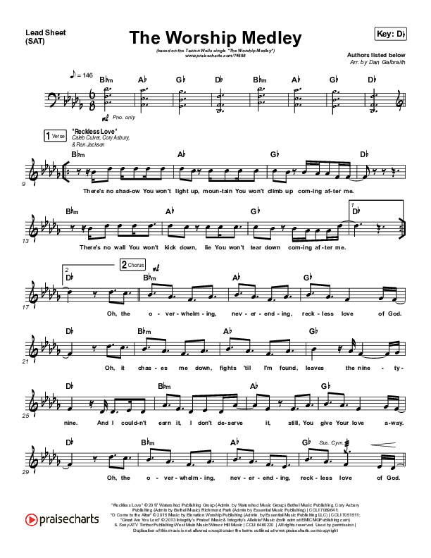 The Worship Medley (Reckless Love / O Come To The Altar / Great Are You Lord) Lead Sheet (SAT) (Tauren Wells)